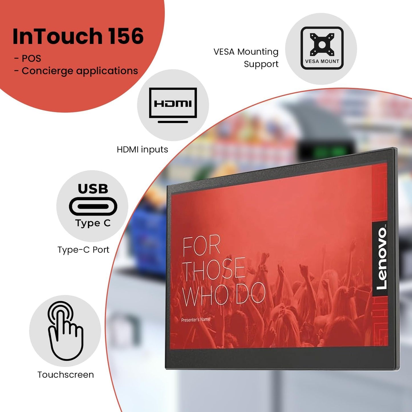 Monitor Lenovo InTOUCH de 15,6", Full HD 1080p, Pantalla táctil (multitáctil), USB-C 3.1 y HDMI/, Compatible con montaje VESA, Android y Windows