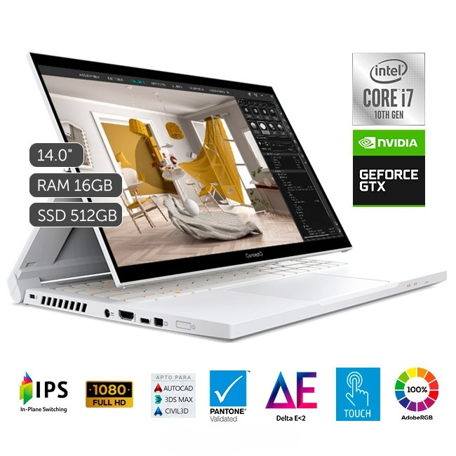 Convertible ACER ConceptD 3 Ezel Pro, Core i7-10750H 2.6GHz, RAM 16GB, SSD 512GB, Video 6GB Nvidia GTX 1650 Ti Max-Q, LED 14" Full HD Touch 100% sRGB, Windows 10 Pro
