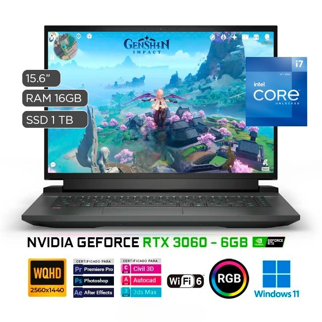 Laptop Dell G16-7620 Gaming, Intel Core i7-12700H Hasta 4.7 GHz, RAM 16GB, SSD 1TB, Video 6GB Nvidia RTX 3060, LED 15.6" QHD (2560x1440), Windows 11 Home