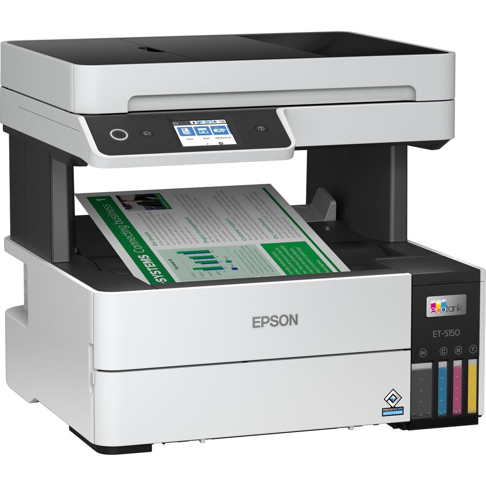 Impresora Multifuncion Epson EcoTank ET-5150, impresión a color de alta resolución, dúplex automático, 37 ppm, ADF, Wi-Fi y LCD, Hasta 37 ppm, bajo costo por página para empresas.