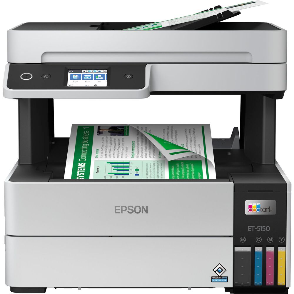 Impresora Multifuncion Epson EcoTank ET-5150, impresión a color de alta resolución, dúplex automático, 37 ppm, ADF, Wi-Fi y LCD, Hasta 37 ppm, bajo costo por página para empresas.