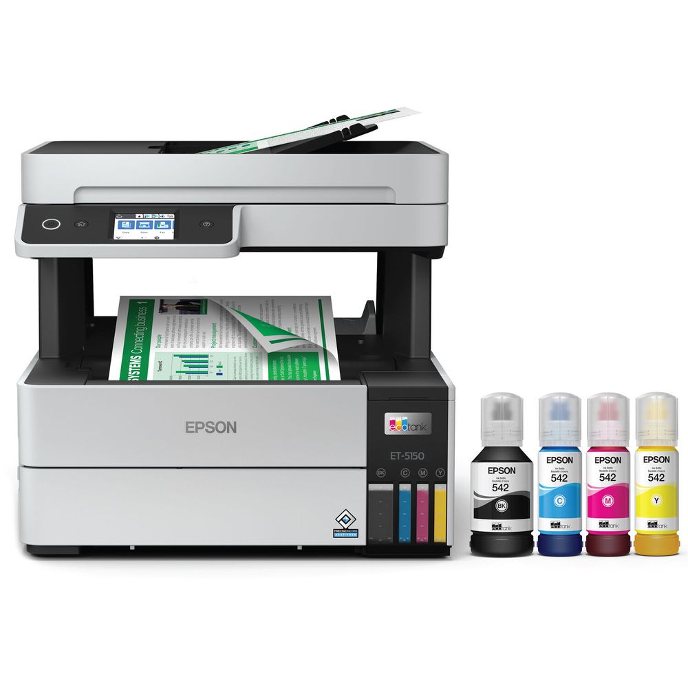 Impresora Multifuncion Epson EcoTank ET-5150, impresión a color de alta resolución, dúplex automático, 37 ppm, ADF, Wi-Fi y LCD, Hasta 37 ppm, bajo costo por página para empresas.