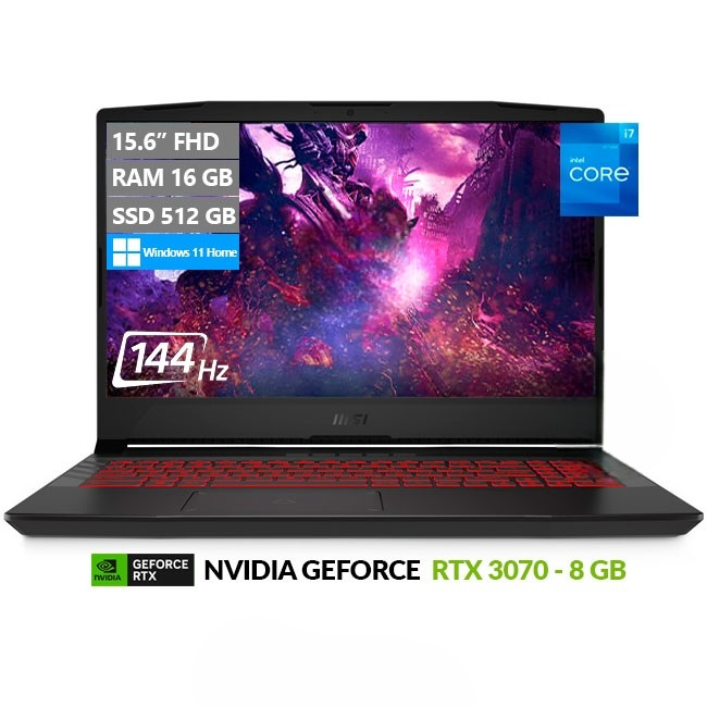 Laptop MSI Pulse GL66 12UGKV Gaming, Intel Core i7-12700H Hasta 4.7 GHz, RAM 16GB, SSD 512GB, Video 8GB Nvidia RTX 3070, LED 15.6" FHD a 144Hz, Windows 11 Home