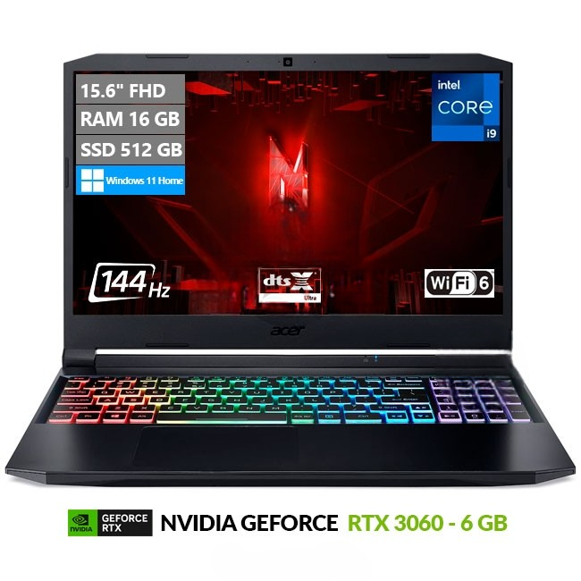 Laptop Acer Nitro 5 AN515-57 Gaming, Intel Core i9-11900H Hasta 4.9 GHz, RAM 32GB, SSD 2TB, 6GB NVIDIA GeForce RTX 3060, LED 15.6'' FHD 144Hz, Windows 11 Home