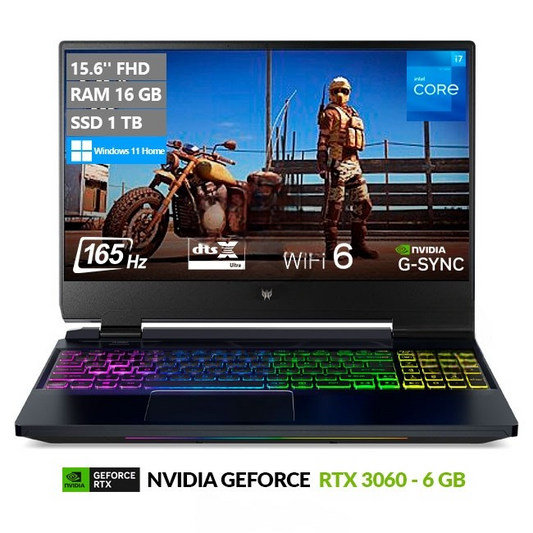 Laptop Acer Predator Helios 300 PH315-55 Gaming, Core i7-12700H Hasta 4.7 GHz, RAM 16GB, SSD 1TB, Video 6GB NVIDIA RTX 3060, LED 15.6'' Full HD a 165Hz, Windows 11 Home