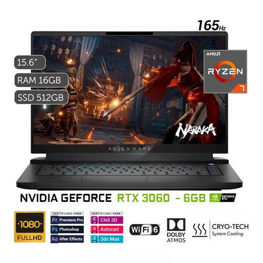 Laptop Dell Alienware M15 R7 Gaming, AMD Ryzen 7 6800H 3.2 GHz/ RAM 16GB/ SSD 1TB/ 6GB NVIDIA RTX 3060/ 15.6" FHD a 165Hz/ W11H