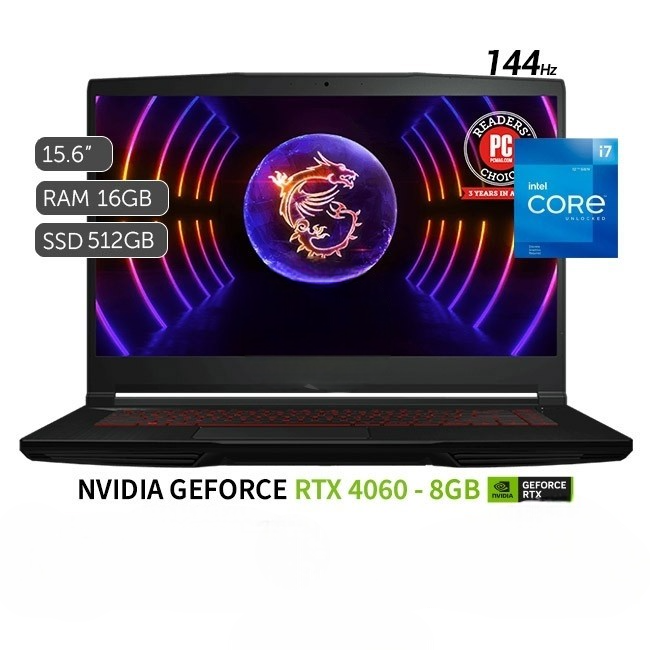 Laptop MSI GF63 THIN 12VF Gaming, Intel Core i7-12650H Hasta 4.7 GHz, RAM 16GB, SSD 512GB, Video 8GB RTX 4060, LED 15.6" Full HD a 144Hz, Windows 11 Home