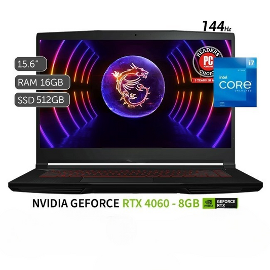 Laptop MSI GF63 THIN 12VF Gaming, Intel Core i7-12650H Hasta 4.7 GHz, RAM 16GB, SSD 512GB, Video 8GB RTX 4060, LED 15.6" Full HD a 144Hz, Windows 11 Home