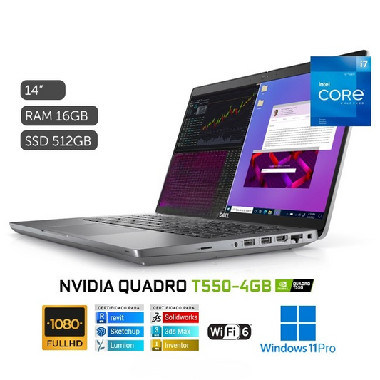 Laptop Dell WorkStation Precision 3470 Mobile, Intel Core i7-1260P 3.40 GHz, RAM 16GB, SSD 512GB, Video 4GB Nvidia Quadro T550, LED 14" Full HD, Windows 11 Pro
