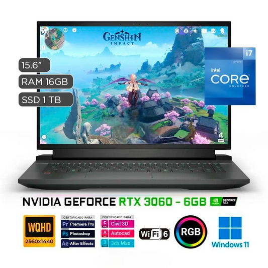 Laptop Dell G16-7620 Gaming, Intel Core i7-12700H Hasta 4.7 GHz, RAM 16GB, SSD 1TB, Video 6GB Nvidia RTX 3060, LED 15.6" QHD (2560x1440), Windows 11 Home