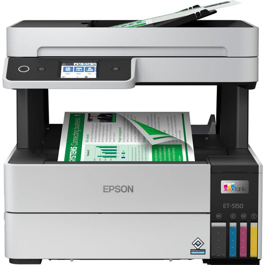 Impresora Multifuncion Epson EcoTank ET-5150, impresión a color de alta resolución, dúplex automático, 37 ppm, ADF, Wi-Fi y LCD, Hasta 37 ppm, bajo costo por página para empresas.