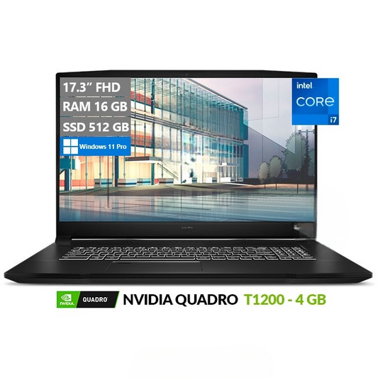 Laptop MSI WorkStation WF76-11UI, Core i7-11800H Hasta 4.6 GHz, RAM 16GB, SSD 512GB, Video 4GB NVIDIA Quadro T1200, LED 17.3" Full HD, 100% sRGB, Windows 11 Pro (Arquitectura & Ingeniería)