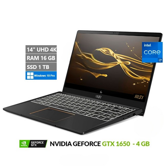 Laptop MSI Deluxe Summit E14 A11SCS, Intel Core i7-1185G7 Hasta 4.8 GHz, RAM 16GB, SSD 1TB, Video 4 GB NVIDIA GeForce GTX 1650, Pantalla 14" Ultra HD 4K, Windows 10 Pro