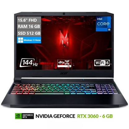 Laptop Acer Nitro 5 AN515-57 Gaming, Intel Core i9-11900H Hasta 4.9 GHz, RAM 32GB, SSD 2TB, 6GB NVIDIA GeForce RTX 3060, LED 15.6'' FHD 144Hz, Windows 11 Home