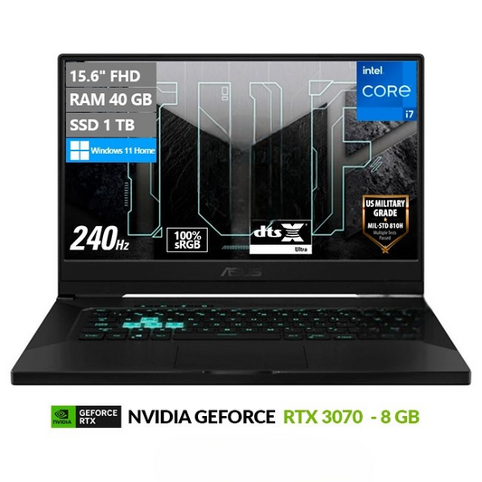 Laptop Asus TUF Dash F15 FX516PR Gaming, Intel Core i7-11370H Hasta 4.8 GHz, RAM 40GB, SSD 1TB, Video 8GB Nvidia RTX 3070, LED 15.6" Full HD 240Hz, Windows 11 Home