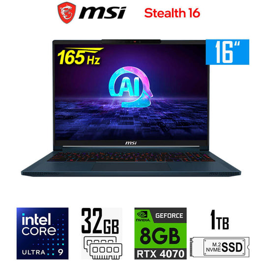 Laptop MSI Stealth 16 AI Studio A1V, Core Ultra 9 185H, RAM 32GB, SSD 1TB, 8GB NVIDIA GeForce RTX 4070, LED 16" WUXGA a 165Hz, Windows 11 Home (Premium)